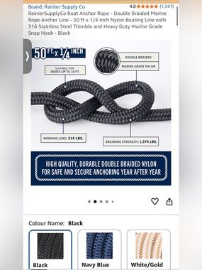 Black Braided Anchor line Rope Cord - 50' x 1/4"